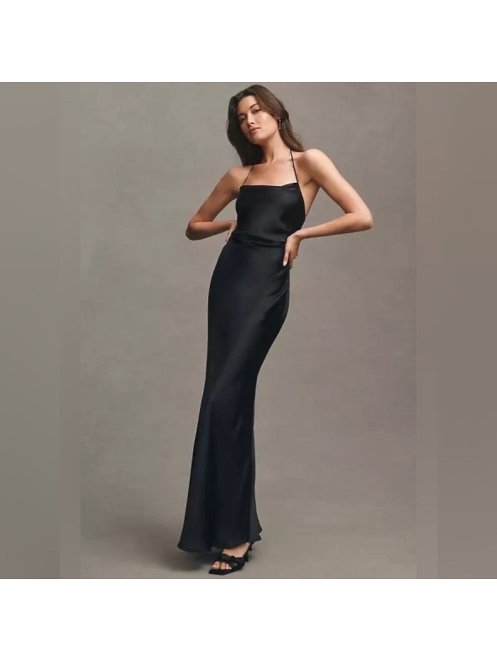 Anthropologie BHLDN Black Satin Backless Maxi Dress — XXS NWT